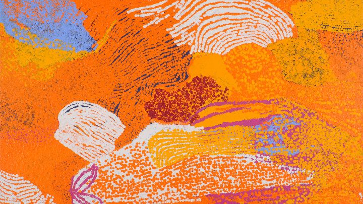 A painting with red and orange brush strokes